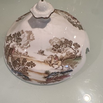 Round Glazed Ceramic Tureen Bowl w/ Lid White Brown Scenic Hunting Pattern