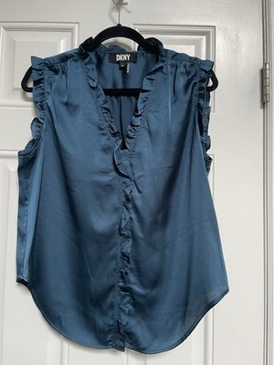 Women s DKNY Blouse SizePXL, Turquoise satin like finish ruffle edges sleeveless