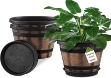 3 Pack 10-Inch Whiskey Barrel Plant Pots with Drainage Holes & Saucers - Brown