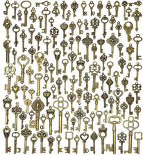 125 PCS Vintage Skeleton Key Set Charms, Mixed Antique Style Bronze