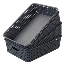 4 Packs Plastic Storage Basket Tray, Shallow Paper Basket, Gray Flat Grey