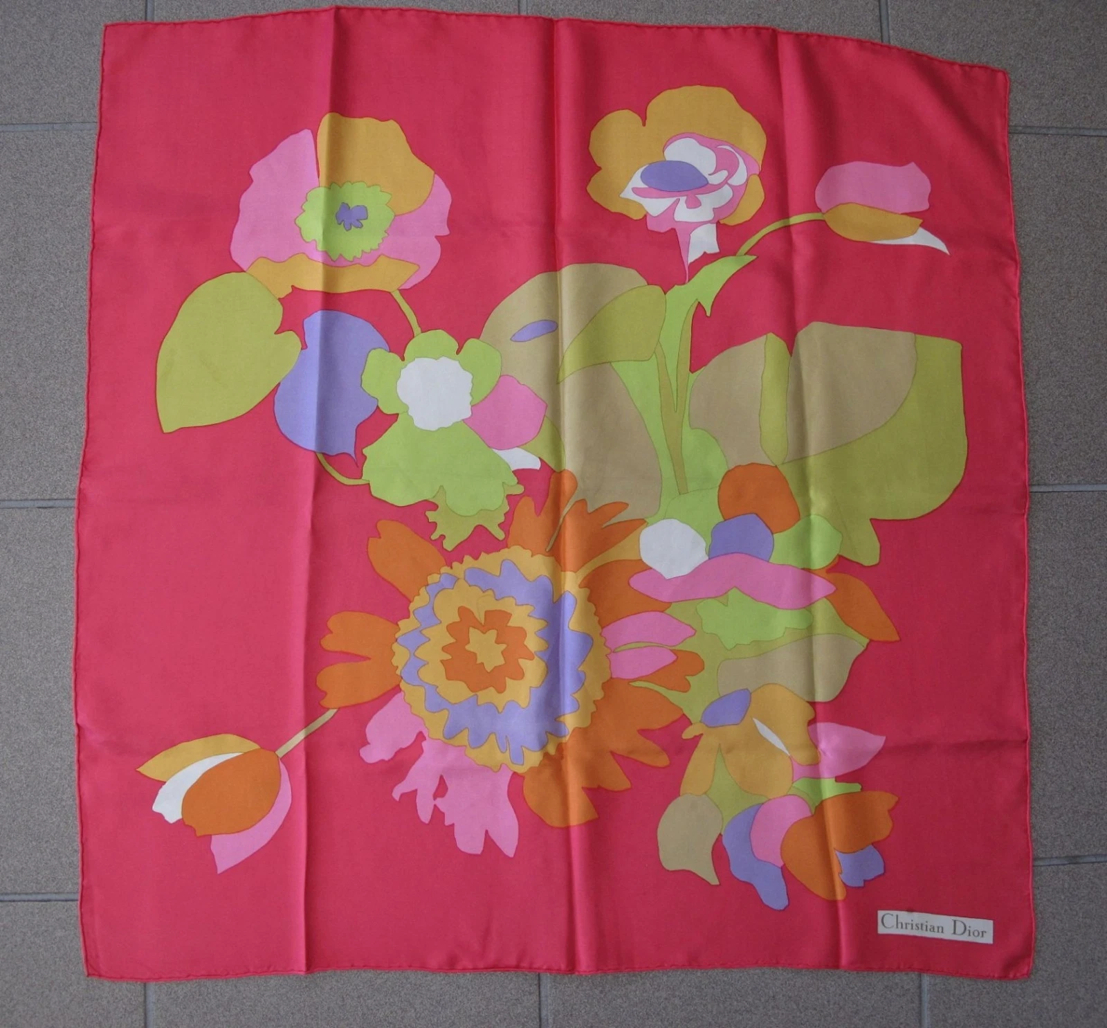 CHRISTIAN DIOR vintage scarf Large Abstract Flowers Fuchsia Color hand rolled