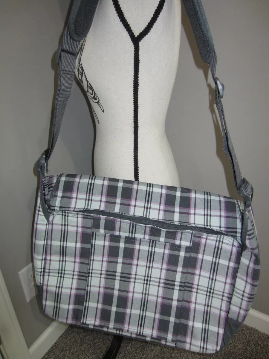 New Dakine Messenger Laptop Bag Gray Purple Plaid Commuter Travel