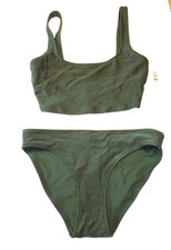 NEW AMERICAN EAGLE AERIE SM 2pc SWIMSUIT DARK GREEN BIKINI BOTTOM SCOOP TOP
