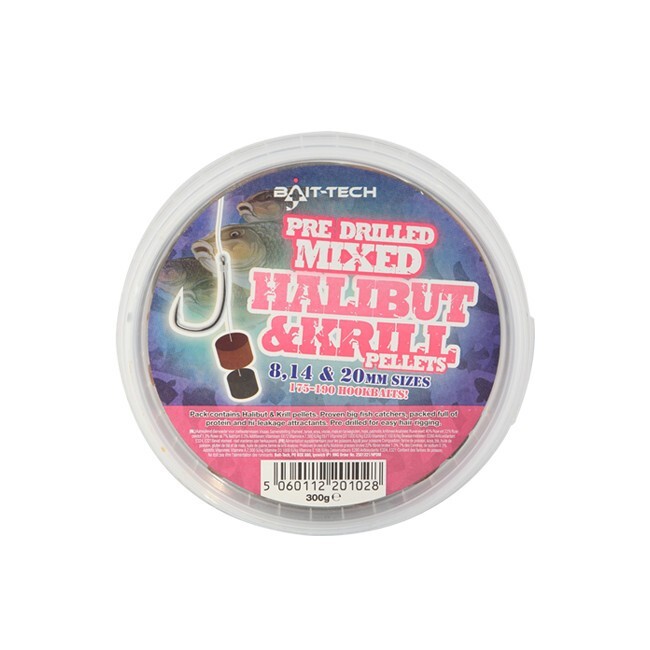 Bait Tech Pre-Drilled Halibut & Krill Pellets -300g Match & Coarse Mixed pellets