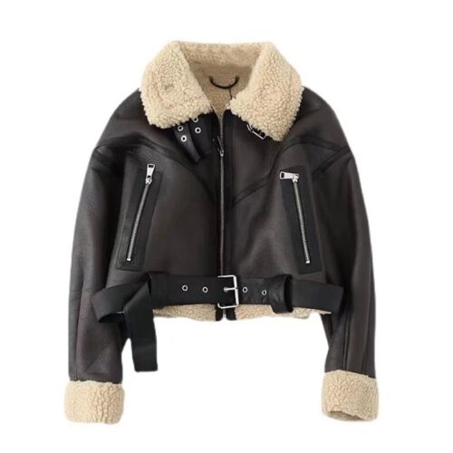 FAUX LEATHER SHEARLING FUR Thick Warm Outerwear BIKER JACKET AVIATOR COAT NEW - Picture 1 of 12