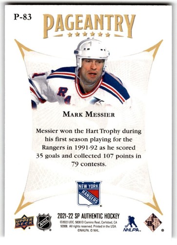 2021-22 SP Authentic Pageantry Mark Messier #P-83 New York Rangers - Picture 2 of 2