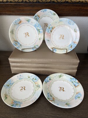JPL Jean Pouyat Limoges France Hand-paint  5 Plates Butter Dessert Forget Me Not