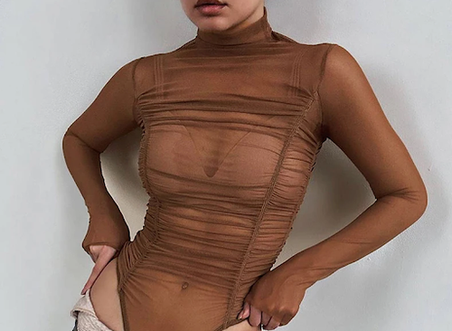new Mesh See-Through Bodysuit Women Ruched Turtleneck Sheer Basic Sexy Solid - Picture 3 of 17
