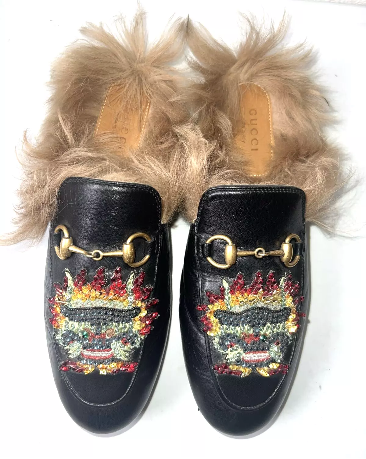 Pantoufle en cuir doublée de fourrure Gucci Princetown BEADED HORSEBIT 36/6