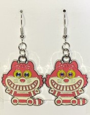 Silver Cheshire Cat From Alice In Wonderland Drop Dangle Earrings 