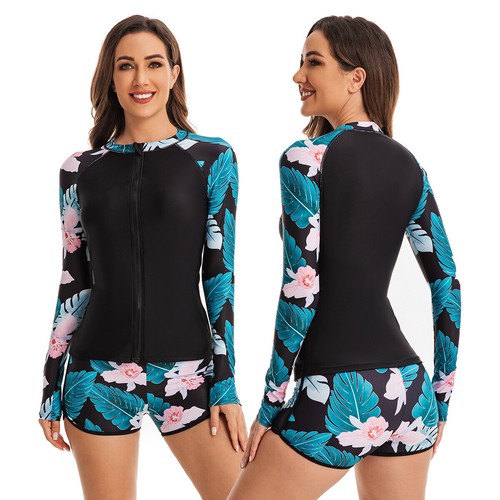 Women Two Piece Swimsuit Long Sleeve Rash Guard Diving Suit Swim Top + Short - Picture 4 of 24