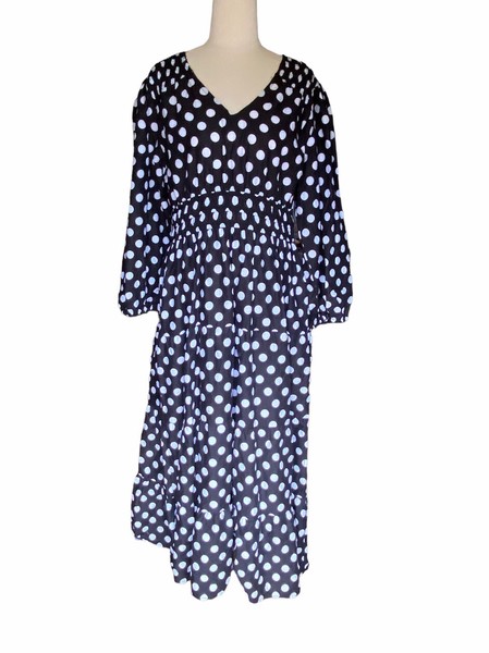 Maxi Dress Long Sleeve Size M Boho Australia Black White Polka Pockets Shirring