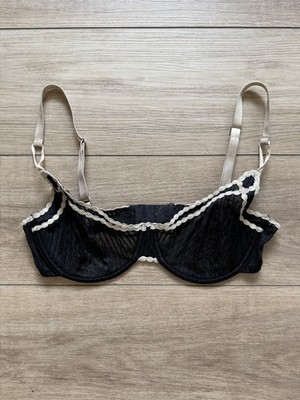 Elle Macpherson Intimates 36C Black Sheer Mesh Balconette Bra Beige Trim