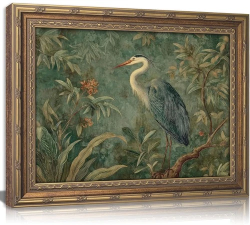 Vintage Gold Framed Canvas Wall Art Blue Heron Nature Wildlifate Painting Pictur - product listing photo