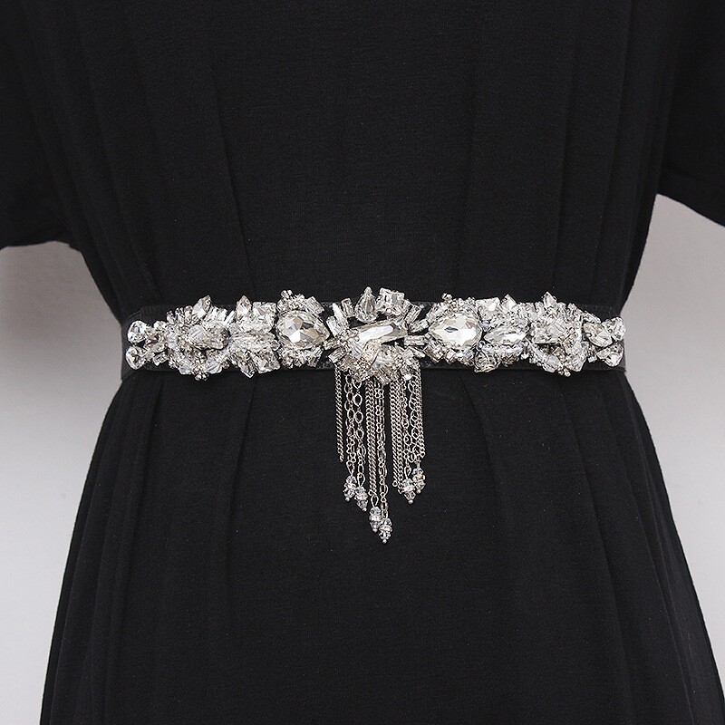 Dama Estrás Flecos Elastizados Cintura Cinturón Cintura Cintura para Vestido Fiesta Vestido Moda