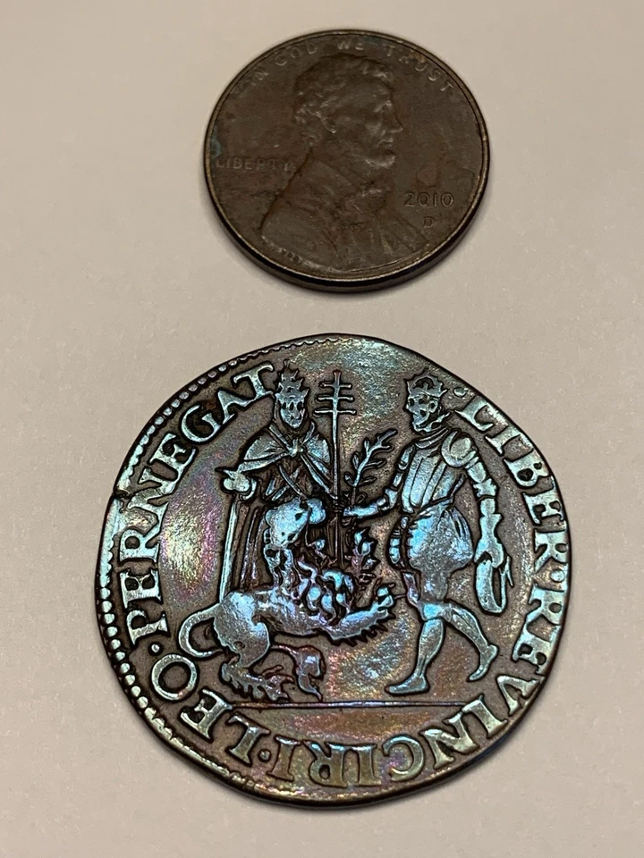 Ficha holandesa 1580 • Cobre 29 mm • León y columna • Moneda histórica holandesa años 1500 Foto 4 de 4