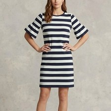 Lauren Ralph Lauren Womens Striped Bell Sleeve Ruffle Shift Dress Navy White M