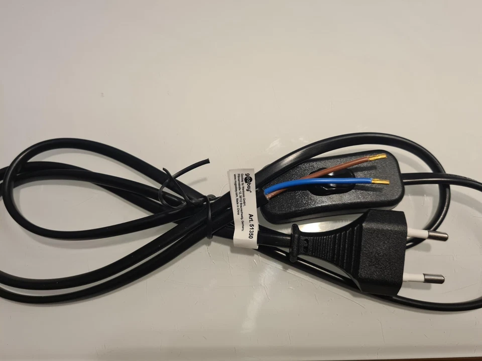 GOOBAY 1,5m Euro Netz Leitung mit Schalter + Stecker Strom Kabel Lampenkabel lose Enden