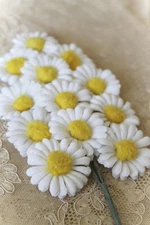 Sprig of Vintage Fabric and Pom Pom Yellow and White Daisies