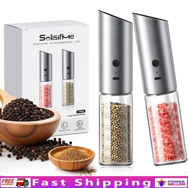 Gravity Electric Salt and Pepper Grinder Set USB Ideal Kitchen Stainless Steel
