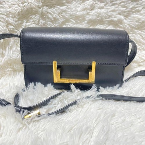YSL Saint Laurent Crossbody Shoulder Bag Black Leather Gold Metal Flap Women's