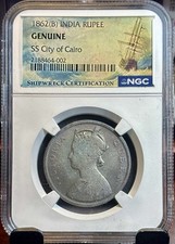 1862B India One Rupee Queen Victoria SS City of Cairo Shipwreck Coin NGC Graded