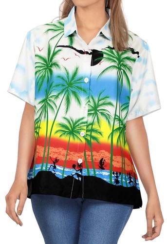 HAPPY BAY Button Down Shirt für Damen Sommer Strand L Palmenblick, weiß - Bild 3 von 3