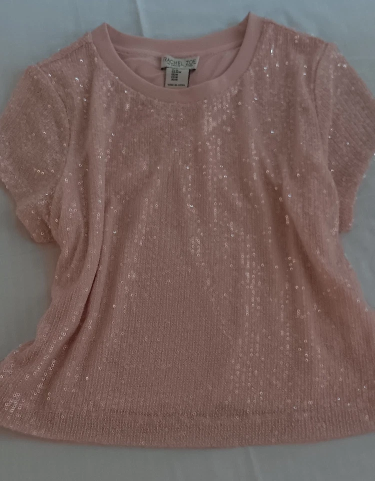 Top de mujer Rachel Zoe mediano rosa lentejuelas manga corta talla M $19 Foto 3 de 4
