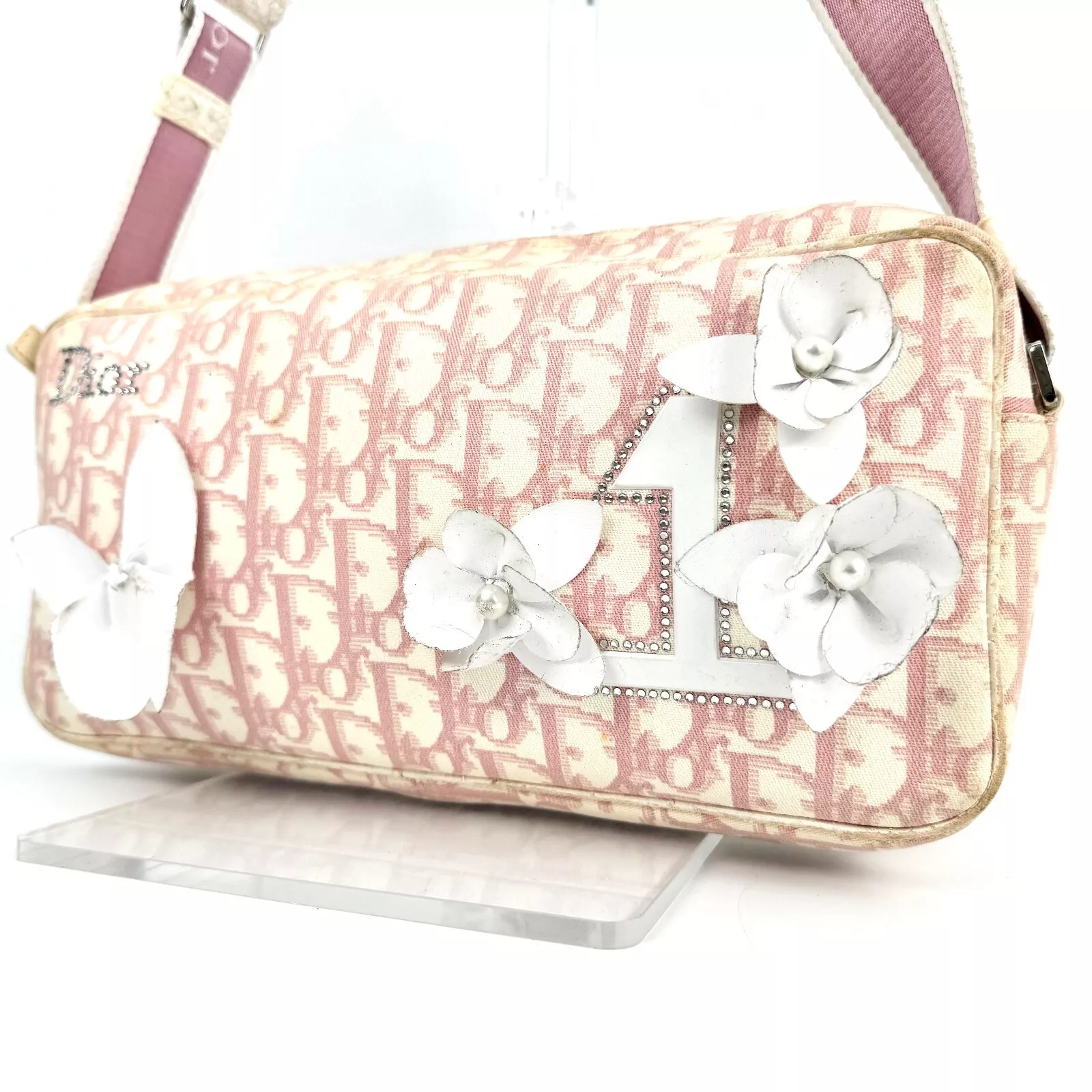 Sac bandoulière trotteur DIOR STONELOGO FLEUR ROSE TOILE BLANCHE CUIR #333