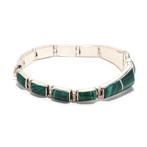 Vintage Inlaid Malachite Bracelet, Sterling Silver, Length 7.5 Inch, Mexican - Picture 2 of 4