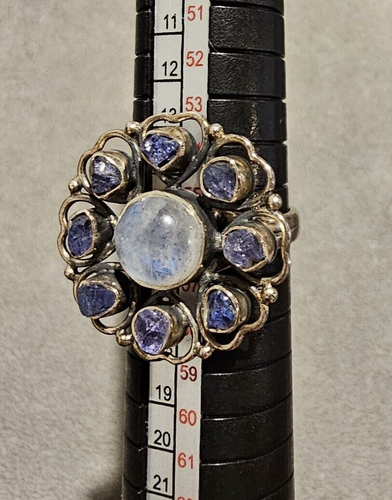 Artisan Sterling 925 Floral Round Amethyst Blue Moonstone Opal Cluster Ring 8.75 - Picture 5 of 9