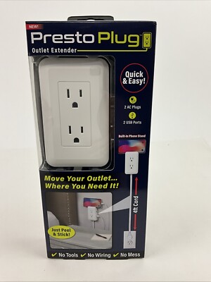 Presto Plug Wall Outlet Extender 4 ft Cord Peel & Stick As Seen On TV 2 ...