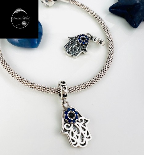 Sterling Silver 925 Charm Lucky Hamsa Evil Eye Pendant Dangle Friend Family Wife - Picture 11 of 12