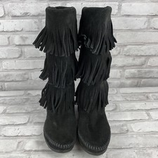 Minnetonka Women's 3-Layer Fringe Suede Boot Black Size 7 New Without Box