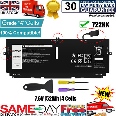 K KYUER 52Wh 722KK Laptop Akku für Dell XPS 13 9300 9310 9380 13.4-inch Series WN0N0 2XXFW FP86V 02XXFW 0WN0N0 P117G P117G002 P117G001 Notebook Battery 6800mAh/4-cell/7.6V