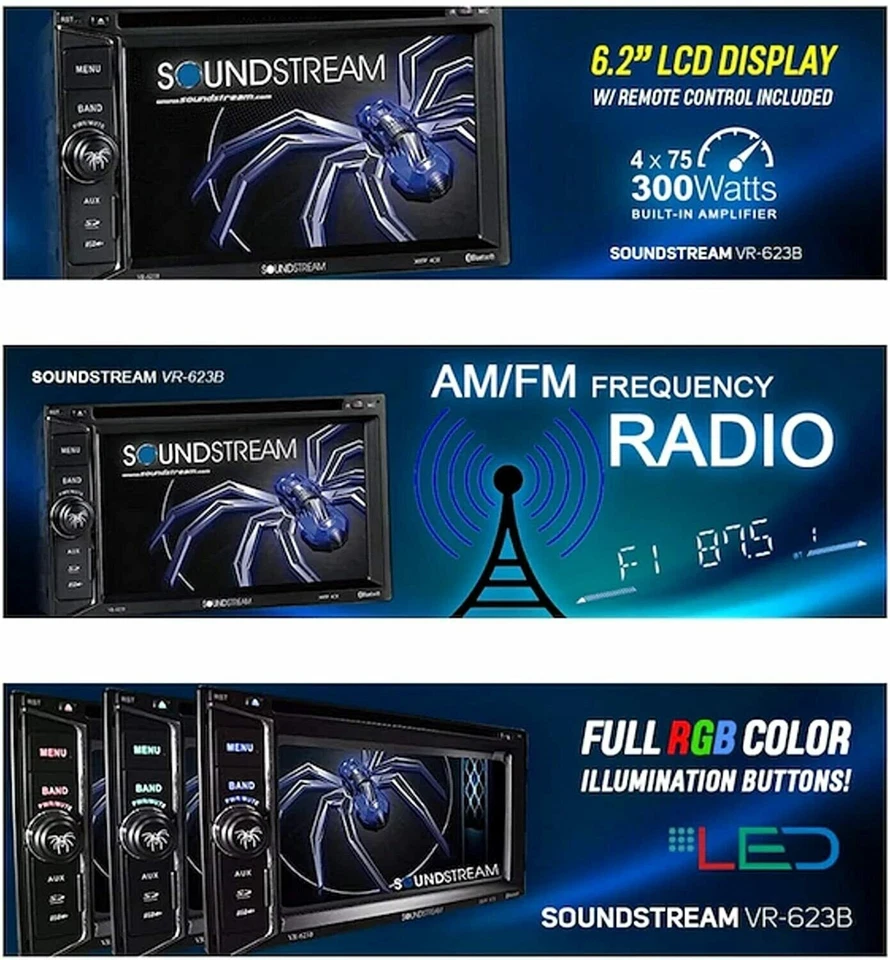 SOUNDSTREAM VR-623B 6.2" BLUETOOTH CD DVD MP3 USB TOUCHSCREEN CAR STEREO PLAYER - Image 4 of 4