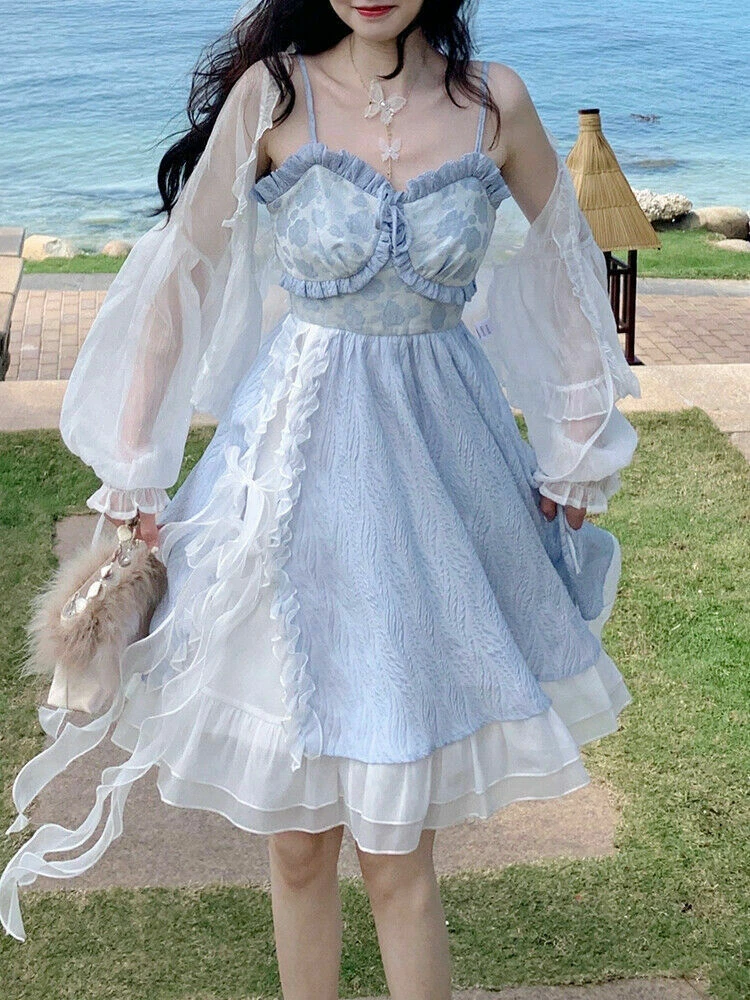 Blue Kawaii Sweet Strap Dress Women France Vintage Elegant Party Summer Dress