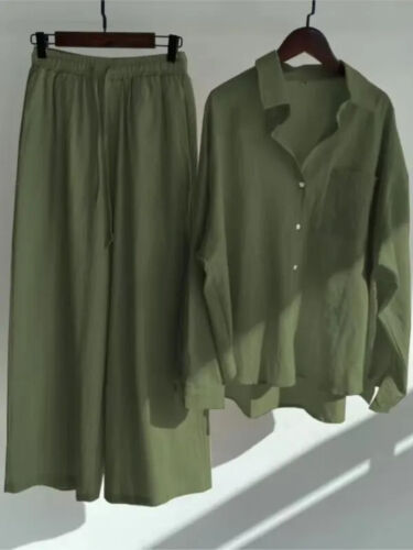 Womens Plus Size Cotton Linen Button Tops+Pants Ladies Casual Loungewear Outfits - Picture 15 of 34