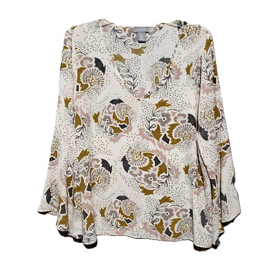 Kenar L Womens Top Cream Gray Floral V Neck Bell Sleeve Boho Cottage Flowy Fairy