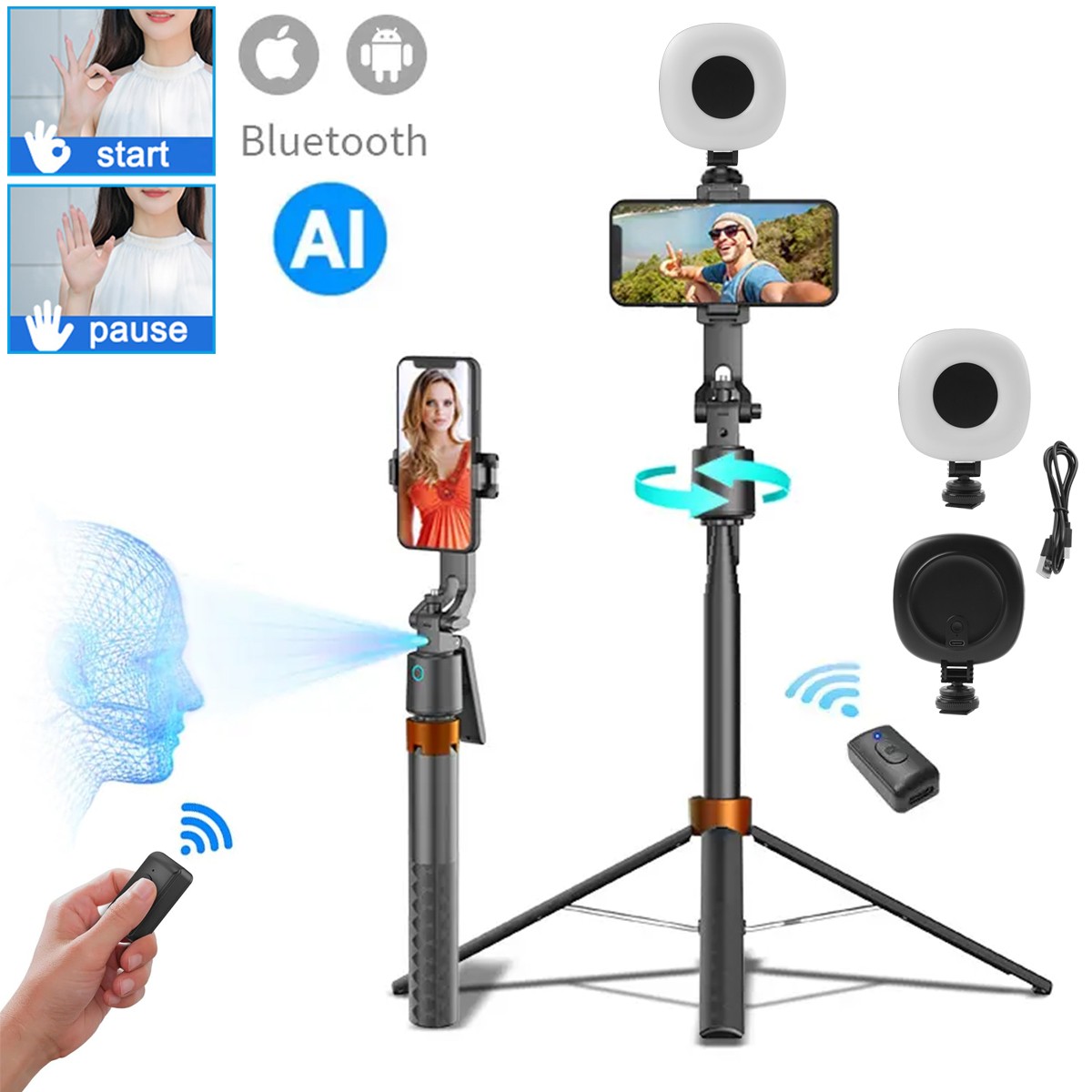 AI Selfie Stick Tripod Bluetooth Remote Stand Phone Holder with 2 Pcs Fill Light