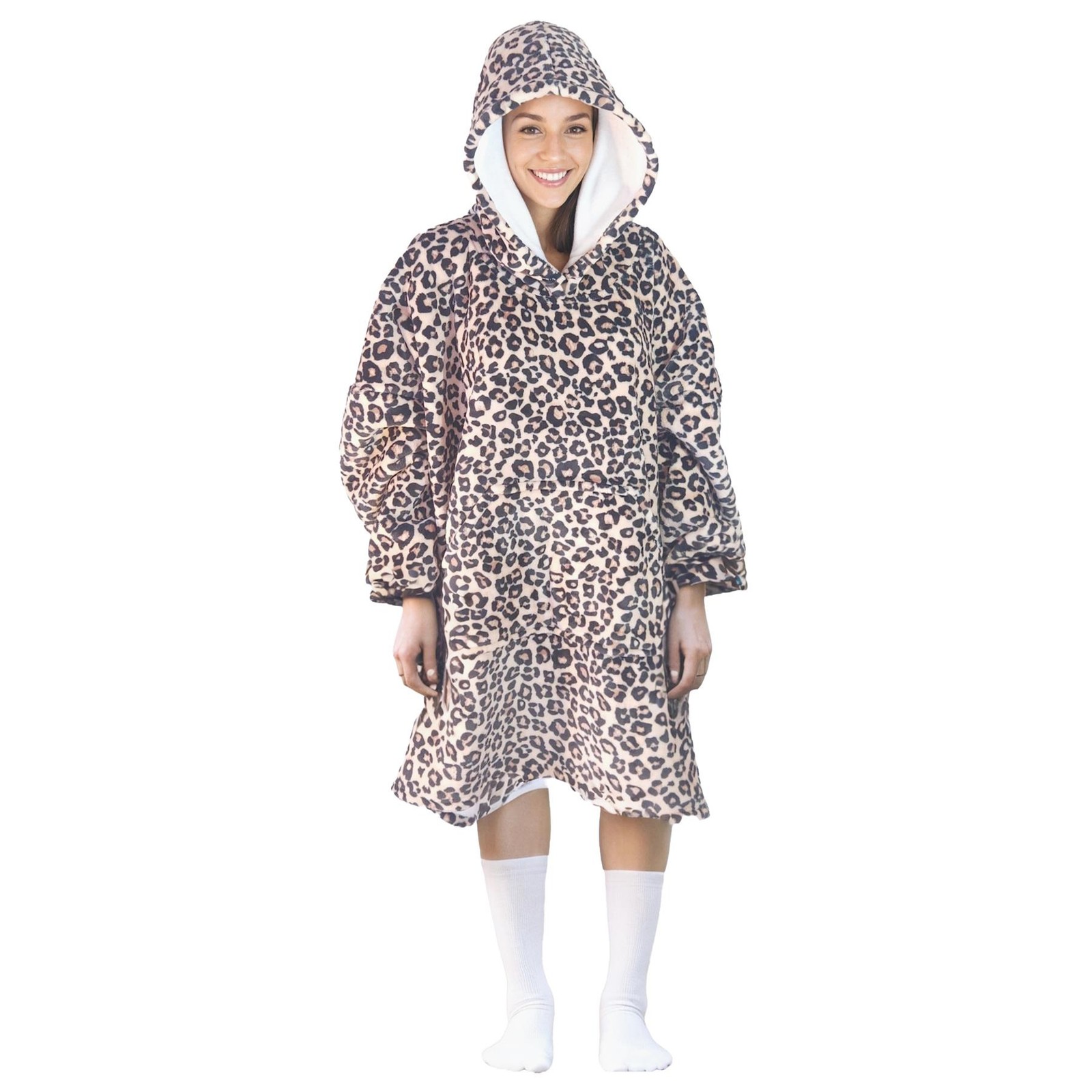 Adult Fleece Hoodie Leopard Print Cuddle Sherpa Plush Pullover Wearable Blanket