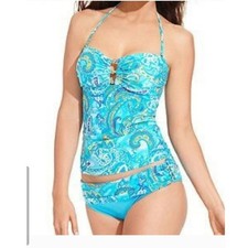 Lauren ralph lauren tropical beach club tankini bikini set paisley blue 10 large