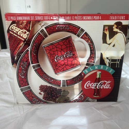 12 Piece Cocq-Cola Dinnerware; 4 Dinner Plates, 4 Soup/salad Bowls 4 11oz Mugs
