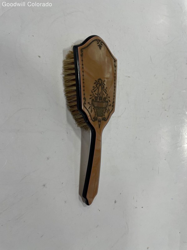 Hair Brush Brown Black Engraved Decorative Handle Vintage Style Grooming Brush