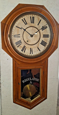 ANTIQUE ANSONIA LONG DROP WALL REGULATOR SCHOOLHOUSE CLOCK PENDULUM +KEY WORKING