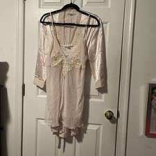 Linea Donatella 3 Piece Lingerie Set Pink Satin Robe Chemise Thong Beaded XL