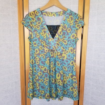 Y2K Stretch Knit Baby Doll Top Size Small Geo Print Vintage Rhinestones
