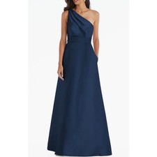 Alfred Sung A-Line Gown Women's 2R Navy Blue One-Shoulder Maxi Draped D815S NWT