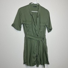 Zara Dress Womens S Green Shirt Belted Half Sleeve Safari Button Front Short